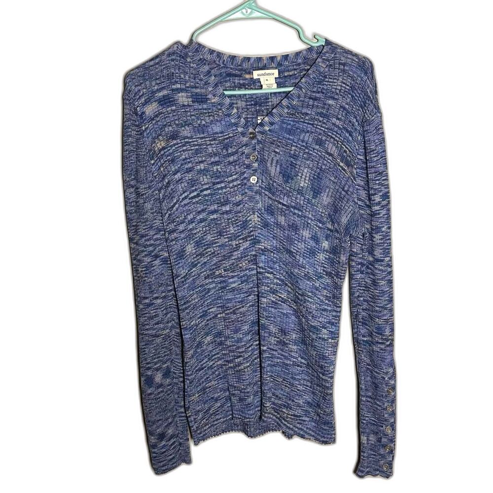 Sundance Women XL Space Dye Knit Henley Knit Top Blue Cotton Blend NWOT